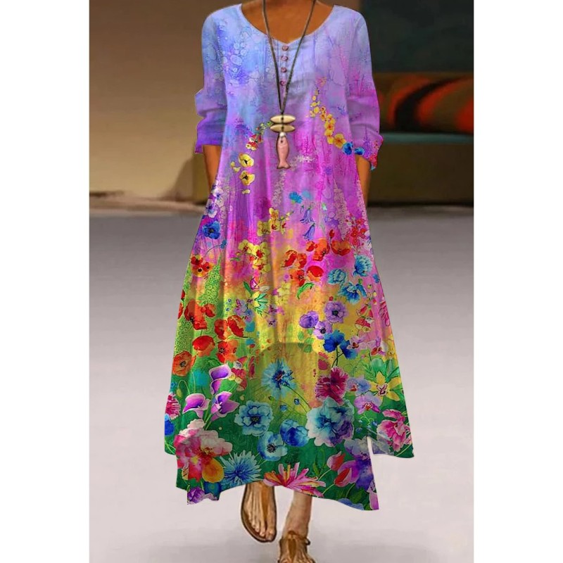 Floral Print Commuter Fashion Long Sleeve Party Casual Maxi Dress