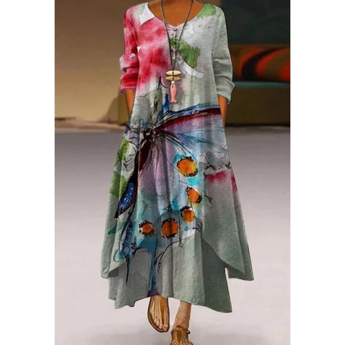 Fashion Elegant Butterfly Print Long Sleeve Retro  Casual Dress
