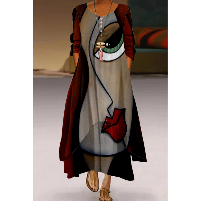 Fashion Print Full Sleeve V Neck Party Casual Loose Maxi Dress