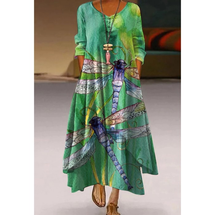 Fashion Elegant Butterfly Print Long Sleeve Retro  Casual Dress