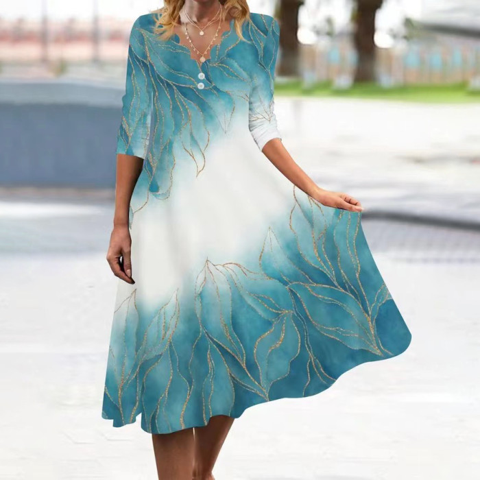 Elegant V Neck Casual Loose Printed Vintgae Boho Dress