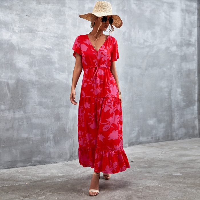 V Neck Floral Print Fashion Ruffle Dress