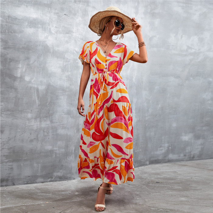V Neck Floral Print Fashion Ruffle Dress