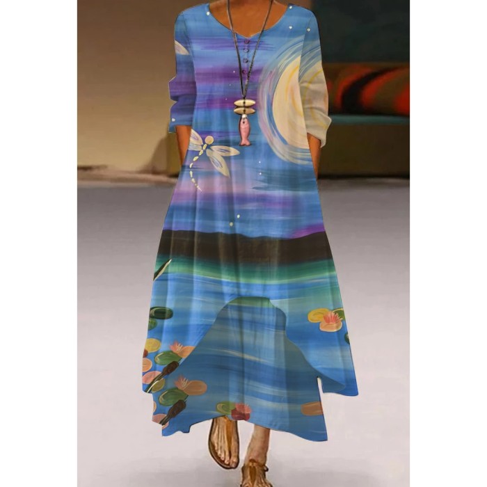 Women's V-neck Vintage Floral Loose Casual  Maxi Dress