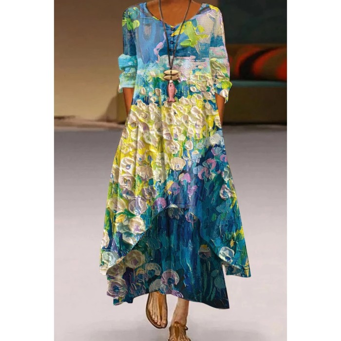 Fashion Printed Casual Loose V Neck Long Sleeve  Maxi Dress