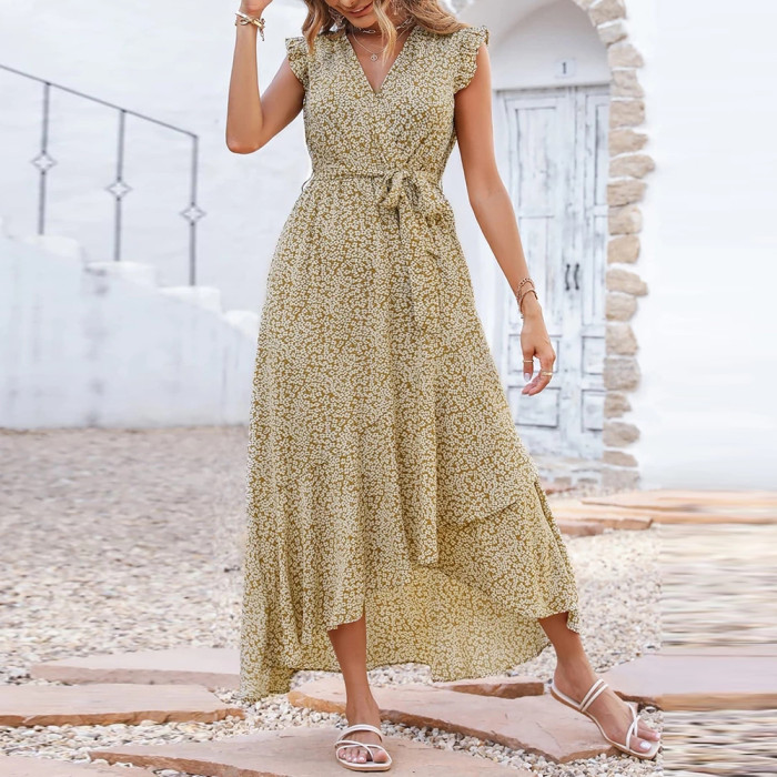 Boho V Neck Floral Print Ruffle Sleeve Casual Lace Midi Dress