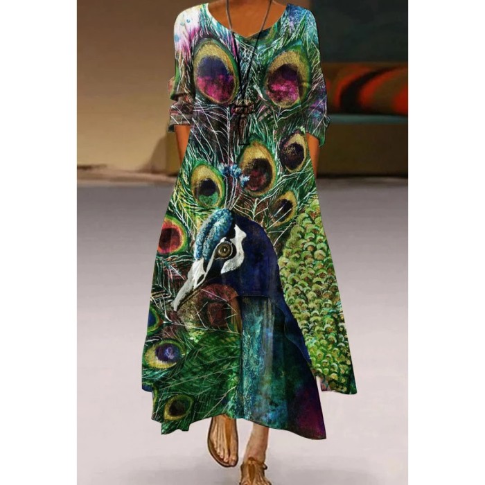 Fashion Peacock Feather Floral Bubble Short Sleeve Party  Maxi Dress