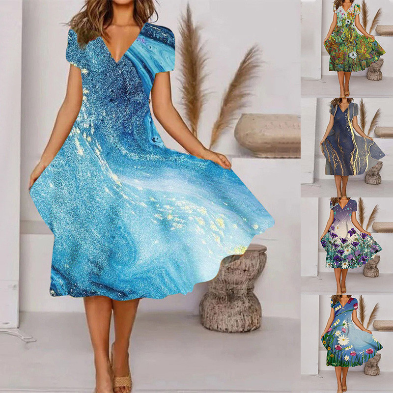 Fashion Casual Vintage V Neck Floral Dress