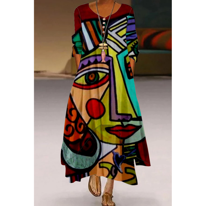 Fashion Print Full Sleeve V Neck Party Casual Loose Maxi Dress