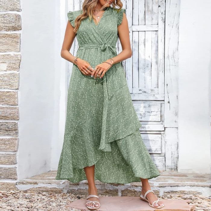 Boho V Neck Floral Print Ruffle Sleeve Casual Lace Midi Dress
