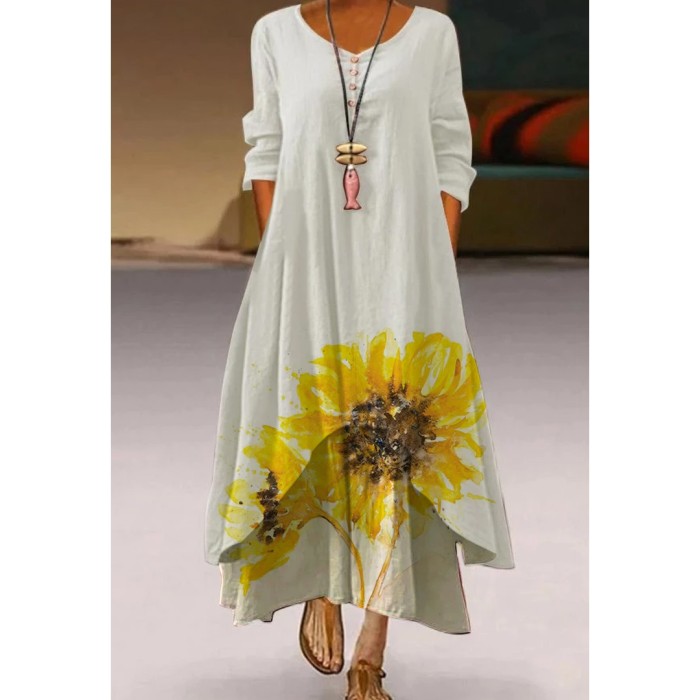 Fashion Printed Casual Loose V Neck Long Sleeve  Maxi Dress