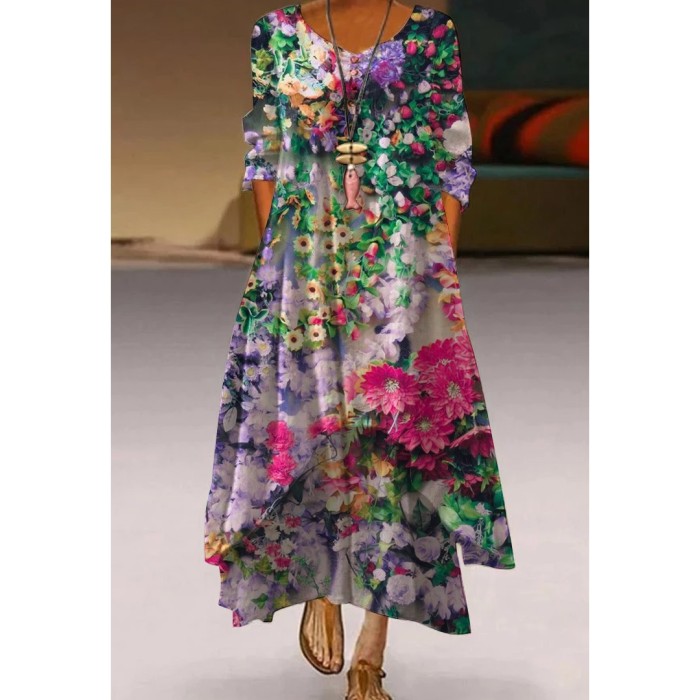 Floral Print Commuter Fashion Long Sleeve Party Casual Maxi Dress