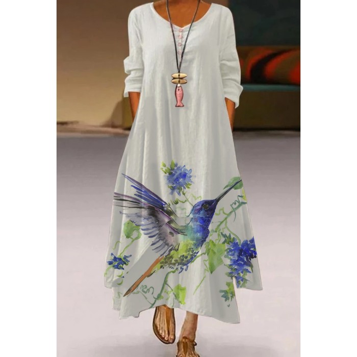 Ladies Long Sleeve V Neck Print Elegant High Waist  Maxi Dress