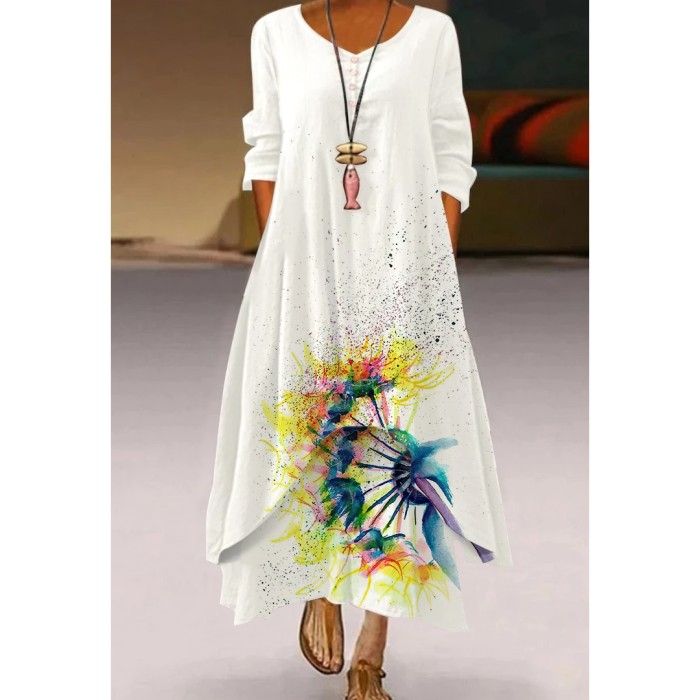 3D Printing Pattern Loose Long Sleeves Party  V Neck Casual Dress