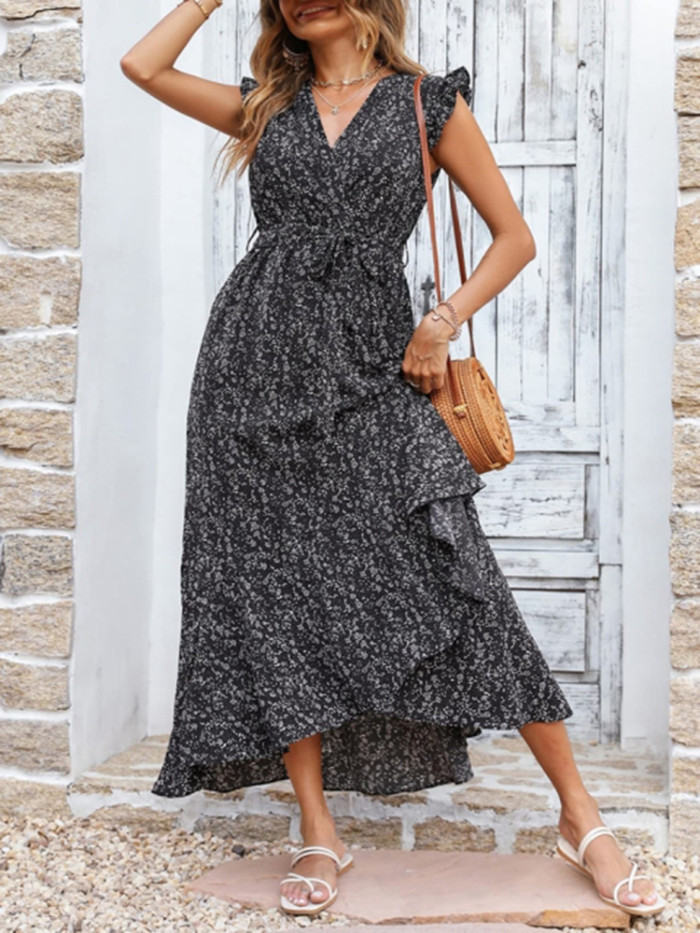 Boho V Neck Floral Print Ruffle Sleeve Casual Lace Midi Dress
