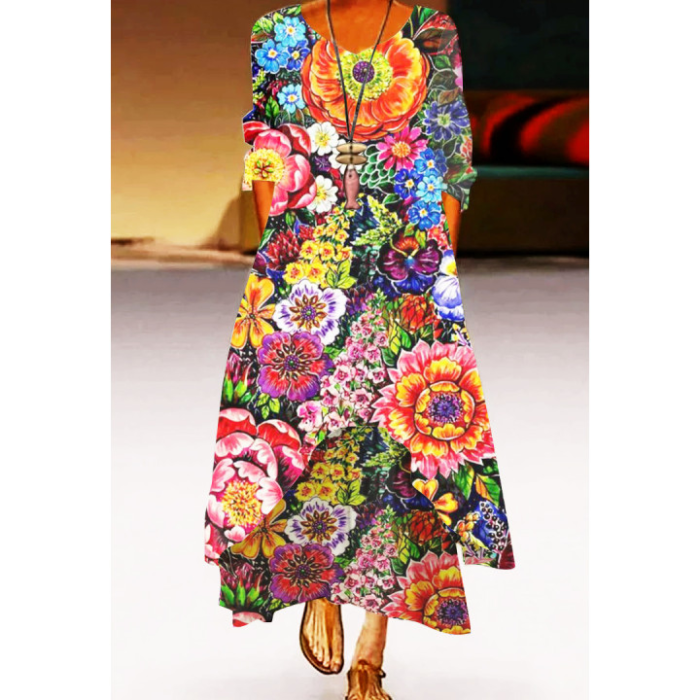Fashion Long Sleeve V Neck Loose Casual  Maxi Dress