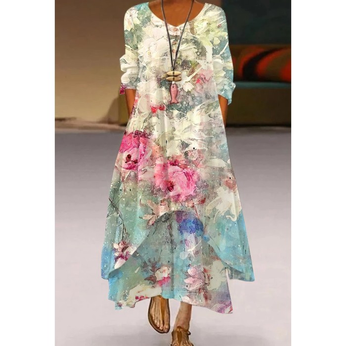Fashion Maxi Printed Bohemian Casual Loose Long Sleeve Flowy  Maxi Dress