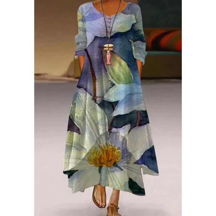 Fashion Peacock Feather Floral Bubble Short Sleeve Party  Maxi Dress