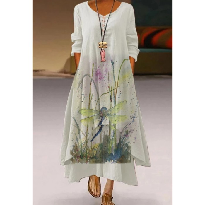 Ladies Long Sleeve V Neck Print Elegant High Waist  Maxi Dress