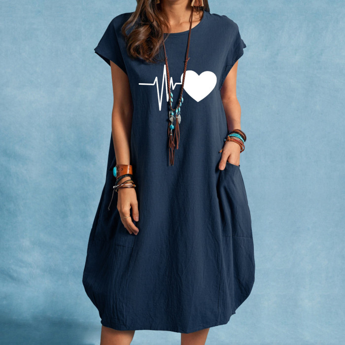 Casual O-Neck Heart Printed Linen Loose Dress