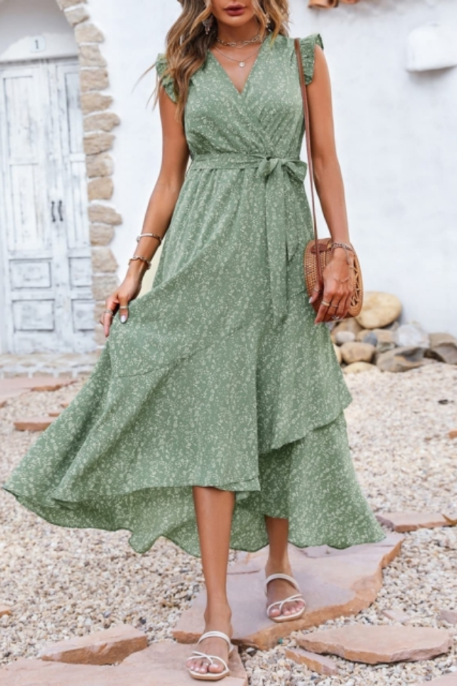 Boho V Neck Floral Print Ruffle Sleeve Casual Lace Midi Dress