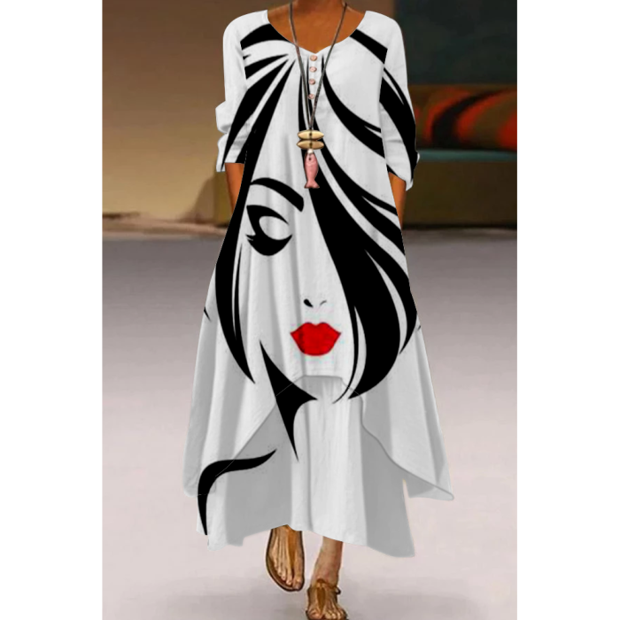 Fashion Print Full Sleeve V Neck Party Casual Loose Maxi Dress