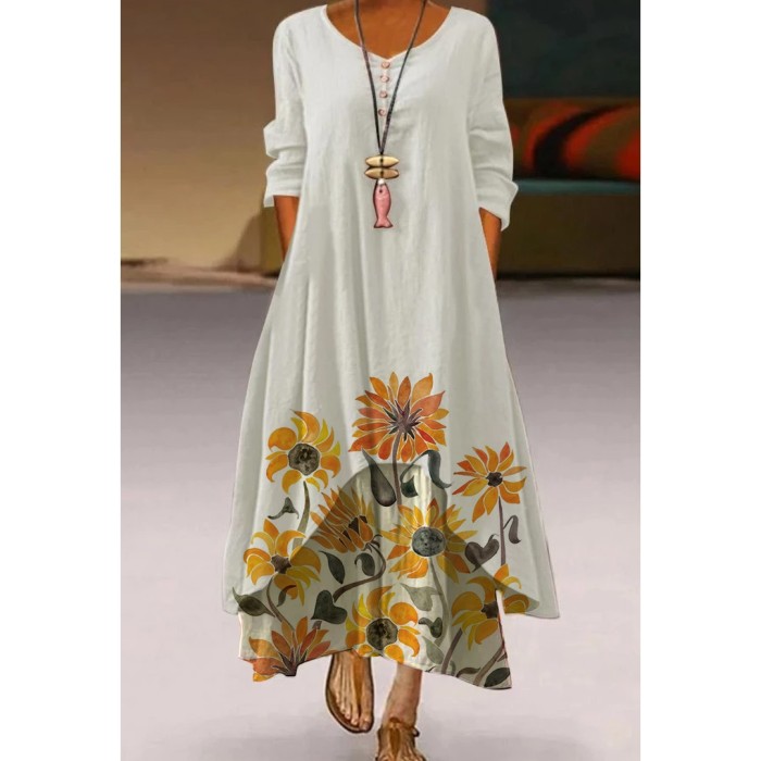 Fashion Printed Casual Loose V Neck Long Sleeve  Maxi Dress