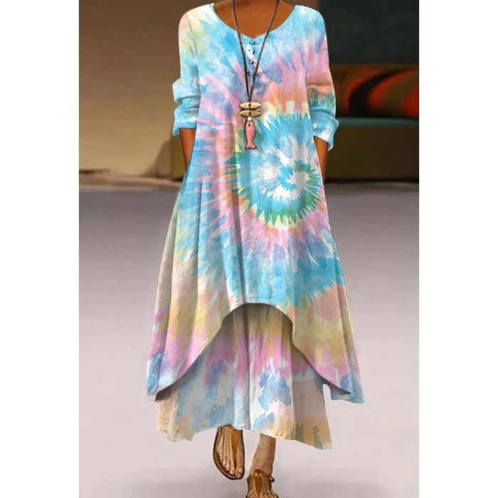 Fashion Floral Print Retro Boho Long Sleeve Casual O Neck Loose  Maxi Dress