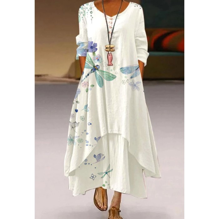 Women's V-neck Vintage Floral Loose Casual  Maxi Dress