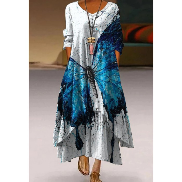 Fashion Elegant Butterfly Print Long Sleeve Retro  Casual Dress