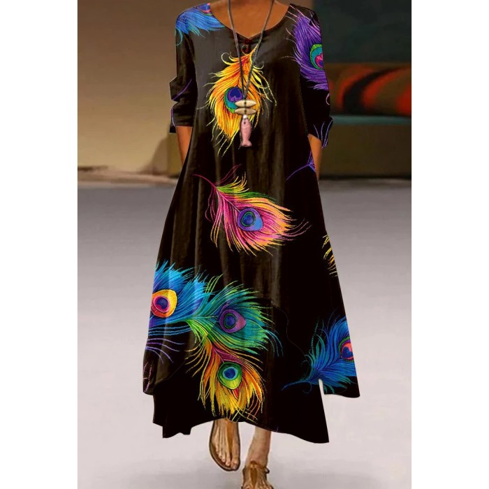 Women's Floral Print Long Sleeve Mid Waist V Neck Irregular Casual Dress