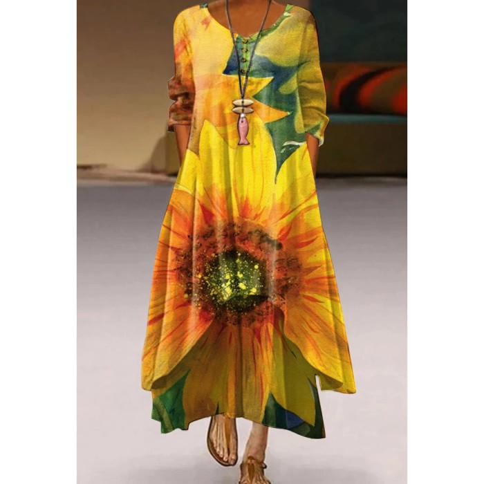 Fashion Floral Print Retro Boho Long Sleeve Casual O Neck Loose  Maxi Dress