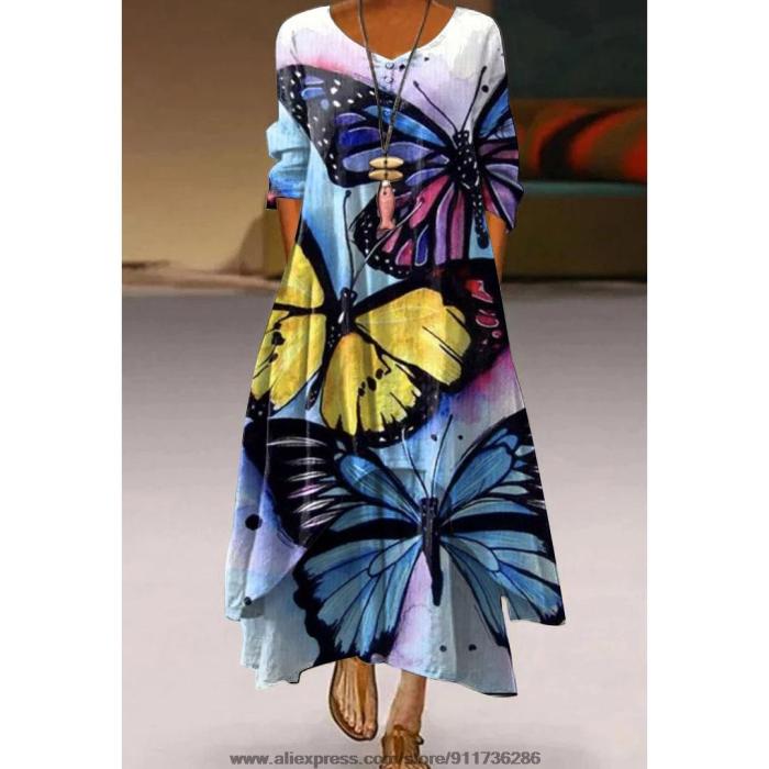 Fashion Peacock Feather Floral Bubble Short Sleeve Party  Maxi Dress