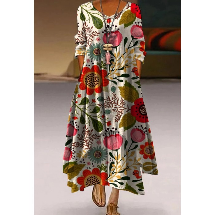 Fashion Peacock Feather Floral Bubble Short Sleeve Party  Maxi Dress