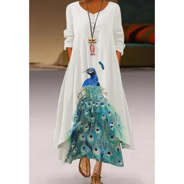 Fashion Peacock Feather Floral Bubble Short Sleeve Party  Maxi Dress