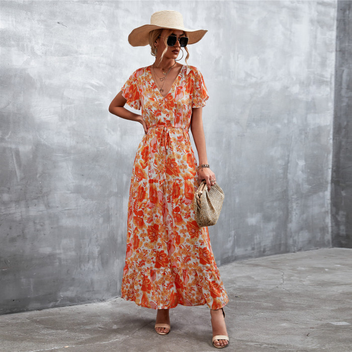 V Neck Floral Print Fashion Ruffle Dress