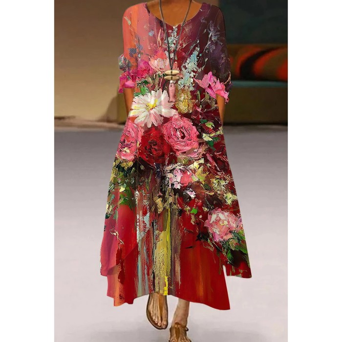 Fashion Maxi Printed Bohemian Casual Loose Long Sleeve Flowy  Maxi Dress