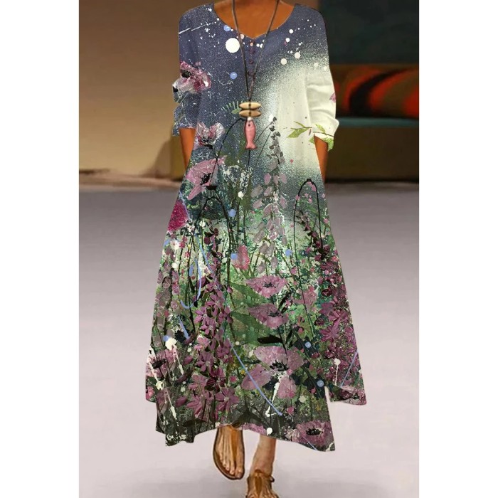 V Neck Long Sleeves Women's Street Bohemian Loose  Casual Dress