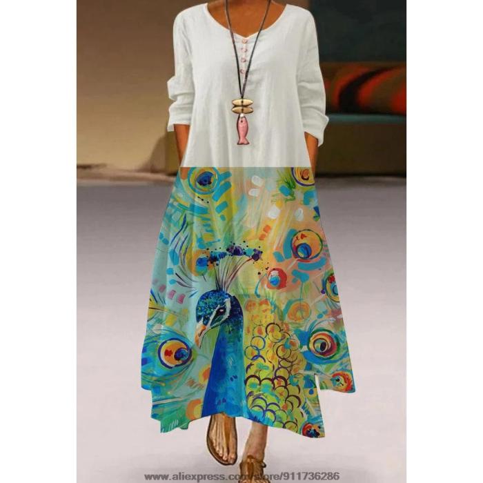 Fashion Peacock Feather Floral Bubble Short Sleeve Party  Maxi Dress