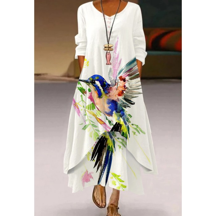 3D Printing Pattern Loose Long Sleeves Party  V Neck Casual Dress