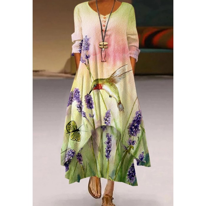 Women's V-neck Vintage Floral Loose Casual  Maxi Dress