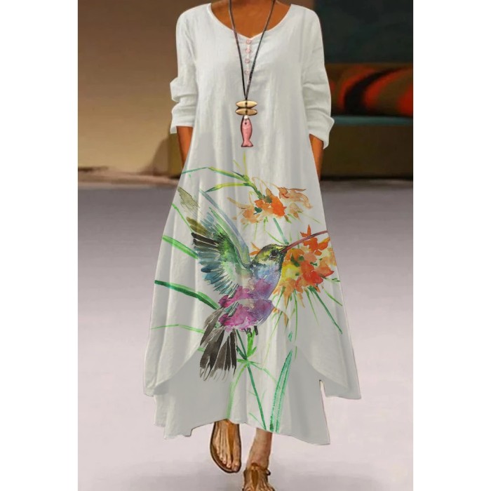 Ladies Long Sleeve V Neck Print Elegant High Waist  Maxi Dress
