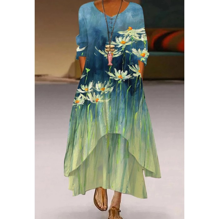 V Neck Long Sleeves Women's Street Bohemian Loose  Casual Dress