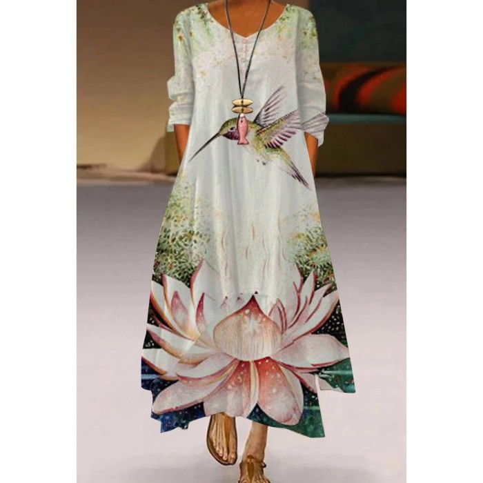 Ladies Long Sleeve V Neck Print Elegant High Waist  Maxi Dress