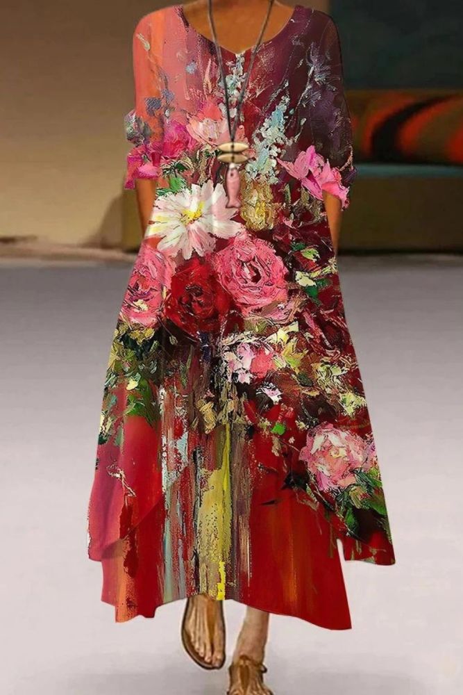 Fashion Maxi Printed Bohemian Casual Loose Long Sleeve Flowy  Maxi Dress