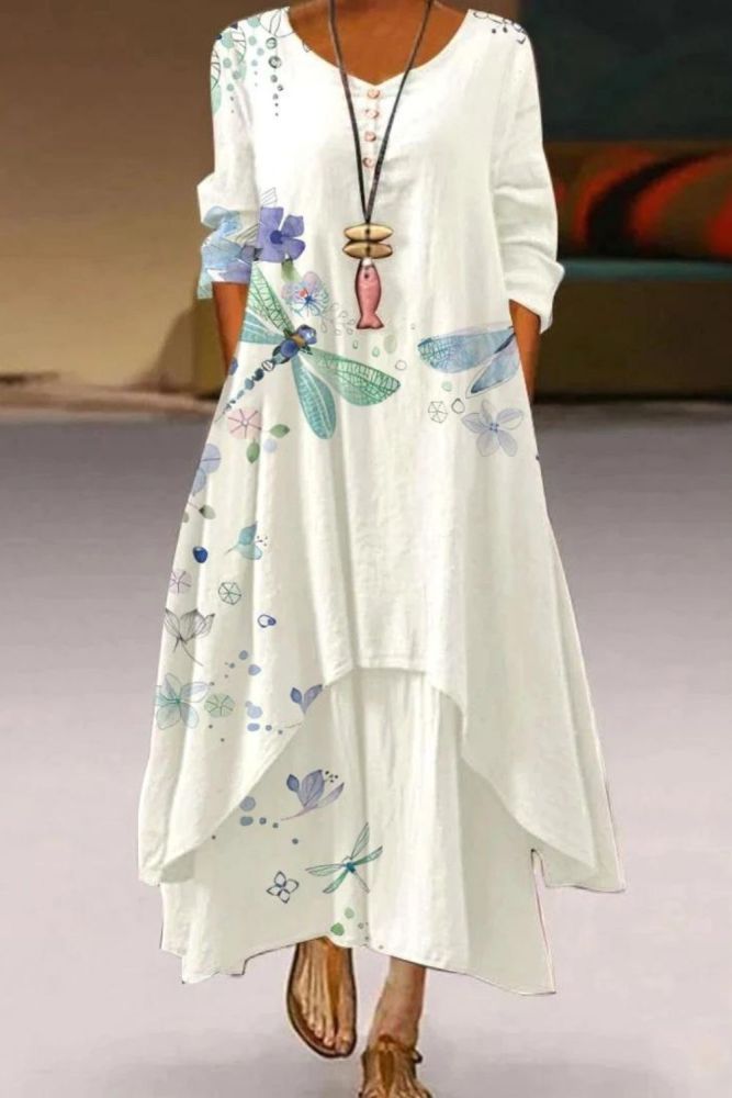 Women's V-neck Vintage Floral Loose Casual  Maxi Dress