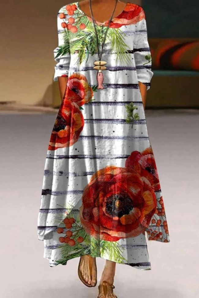 Fashion Peacock Feather Floral Bubble Short Sleeve Party Maxi Dress