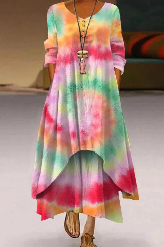 Fashion Floral Print Retro Boho Long Sleeve Casual O Neck Loose  Maxi Dress