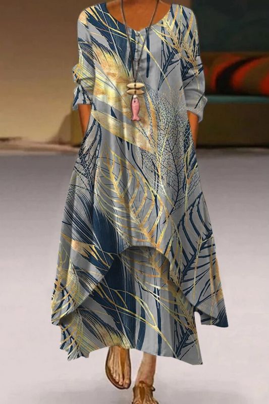 Women's Floral Print Long Sleeve Mid Waist V Neck Irregular Casual Dress