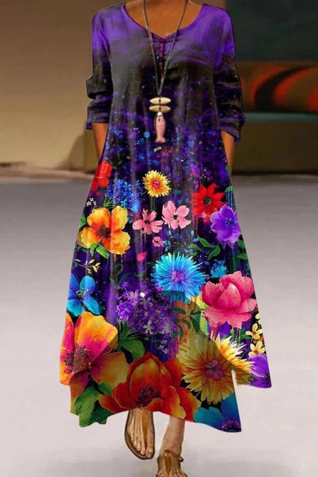 Floral Print Commuter Fashion Long Sleeve Party Casual Maxi Dress